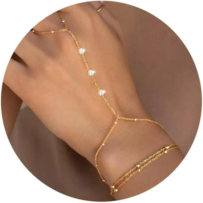 Dainty Gold Plated Hand Chain Bracelet for Women with Zircon Ring, Adjustable Boho Summer Wedding Fashion Jewelry, Dainty Bracelets, Gold Plated Bracelet