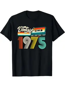 Men's "Vintage 1975 Cassette" Graphic T-Shirt - Retro 70s Vibe, Cassette Tape & Pencil Print, Soft Relaxed Fit, Perfect for Nostalgic Gatherings, Music Events, Casual Hangouts & Gift Giving, Iconic Statement Tee for Retro & Music Enthusiasts