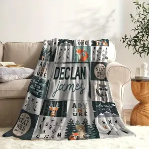 1pc Personalized Custom Name Blanket - Add Your Own Name - Soft Flannel Throw with Adventure-Themed Custom Text & Wild Animal Illustrations (Fox, Deer, Bear) - 280gsm All-Season Cozy Bedding for Crib, Stroller, Travel - Machine Washable Gift for Bir