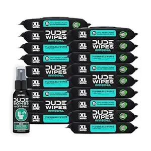 DUDE Wipes - Flushable Wipes with DUDE Bombs Toilet Spray - 18 Pack, 864 Wipes + 1 Spray Bottle - Mint Chill Extra-Large Adult Wet Wipes with Eucalyptus & Tea Tree Oil - Forest Fresh Stank Eliminator
