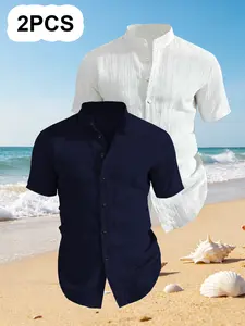 Men's Summer Short Sleeve Shirts, Solid Color Plain Button-Up, Lightweight Breathable, Casual Fitted Style, Ideal for Outdoor Beach and Poolwear