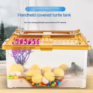 Portable Transparent Turtle Tank with Lid and Sunning Platform, Small Fish Tank, Goldfish, Lizard, Snail Pet Breeding Box