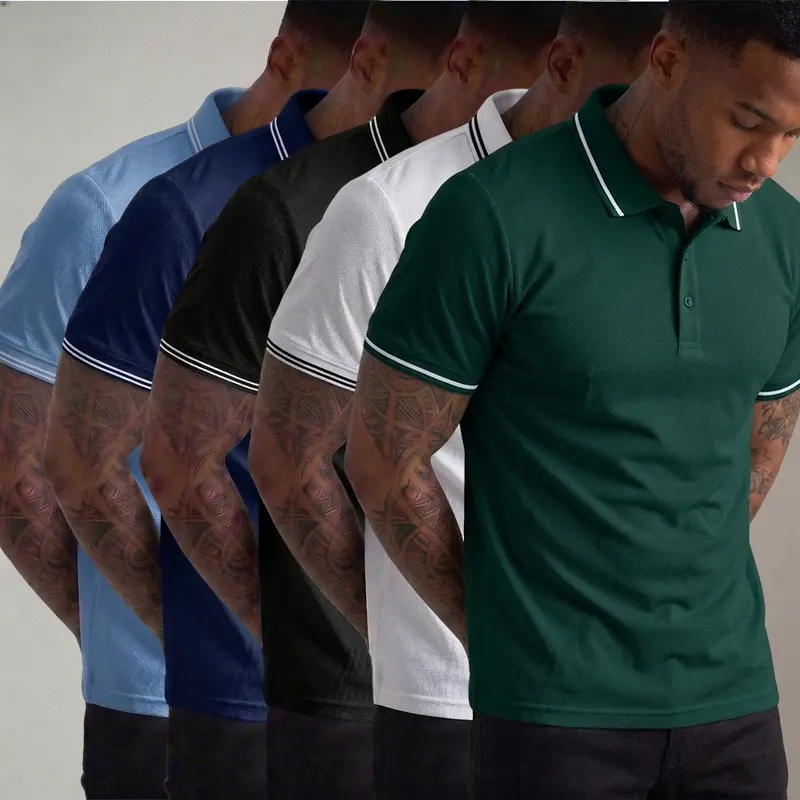 Men’s 5-Pack Casual Athletic Short-Sleeve Crewneck Pullover Tops with Button, 3D-Cut Fit, Comfortable Skin-Friendly Breathable Quick-Dry Fabric, Multiple Colors, Suitable for Commuting, Leisure