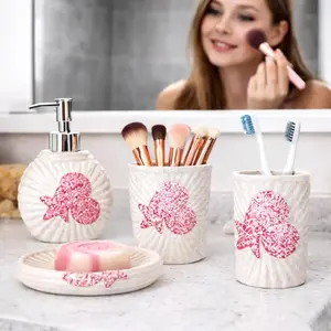 Ocean Theme 4-Piece Ceramic Bathroom Accessory Set, Nautical Seashell & Starfish Design, Includes Soap Dispenser, Toothbrush Holder, Tumbler, and Soap Dish - 4 Options Available, Bathroom Accessories Set,shampoo soap bottle aesthetic