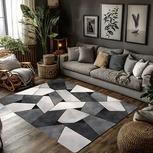 Black White Grey Patchwork Geometric Crystal Velvet Area Rug Non‑Slip Minimalist Modern Living Room Rug Contemporary Rugs Abstract Rugs#BlackWhiteGreyPatchworkRug #GeometricBlockRug #MinimalistHomeDecor #ContemporaryCarpet #CrystalVelvetRug