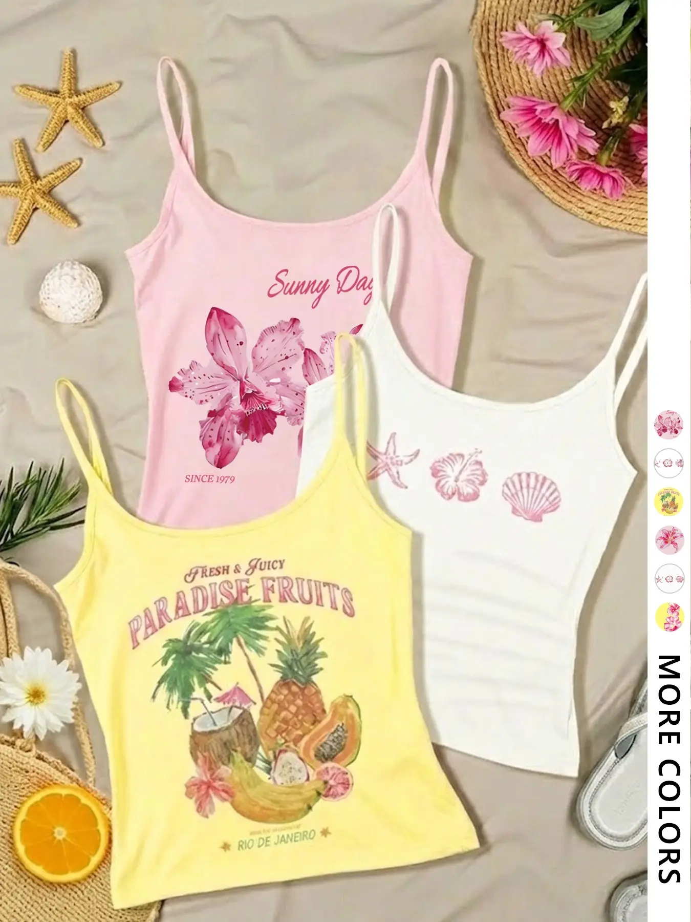Women's 3-Piece Vest Set, Thin Strap Fitted Tank Top, Cream & Tops, Fruit Pattern, Casual Fashion, Summer Breathable, Feminine, Womenswear