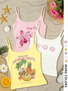 Women's 3-Piece Vest Set, Thin Strap Tank Top, Cream & Tops, Fruit Pattern, Casual Fashion, Summer Breathable