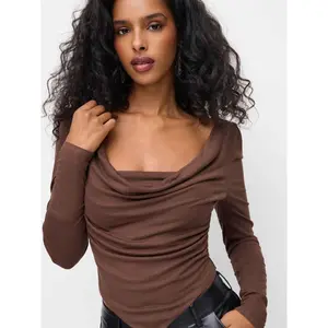 Cider Cowl Neck Ruched Hanky Hem Long Sleeve Jersey Top Dealsforyou