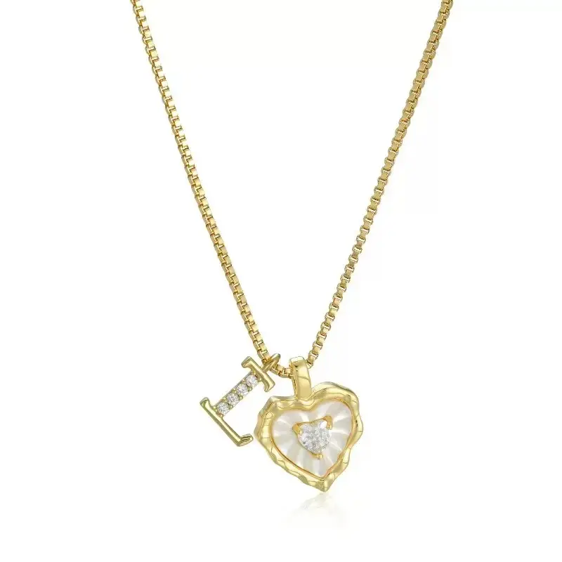 5432 Old School Hip Hop Wavy Mother Of Pearl Heart Initial Necklace, Classic Box Chain Custom Alphabet CZ Charm Retro 90s Street Rapper Accessory