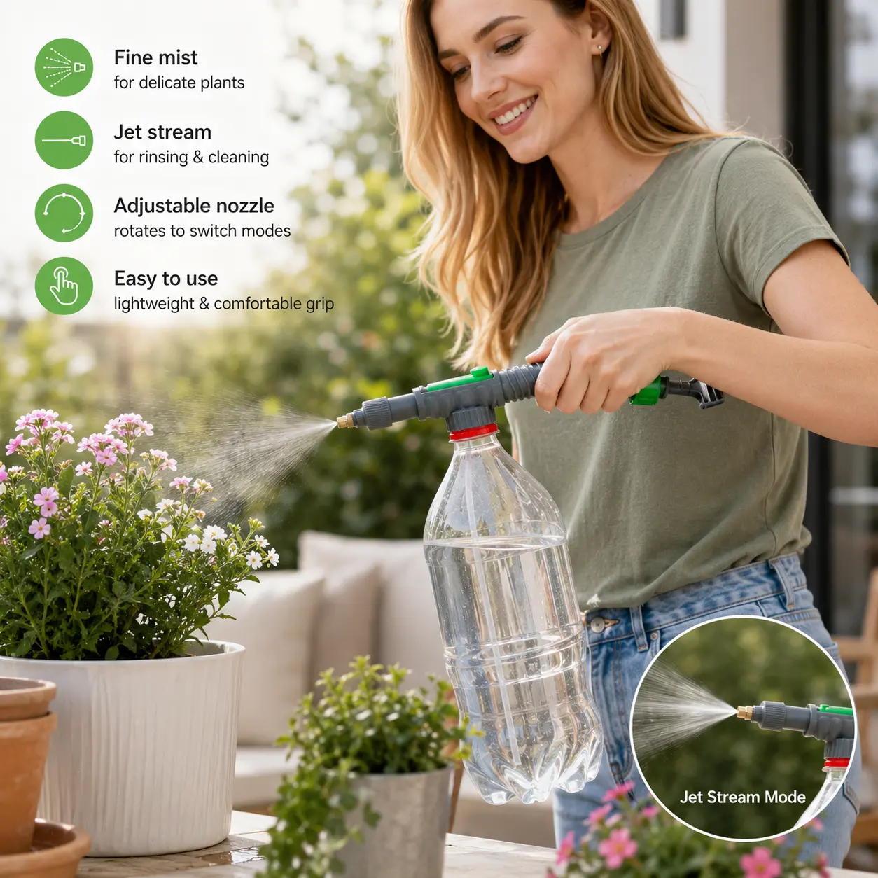 1 Count Manual Pressure Sprayer Nozzle, Adjustable Mist and Jet Mode Anti-slip Handle for Household and Garden Plant Watering
