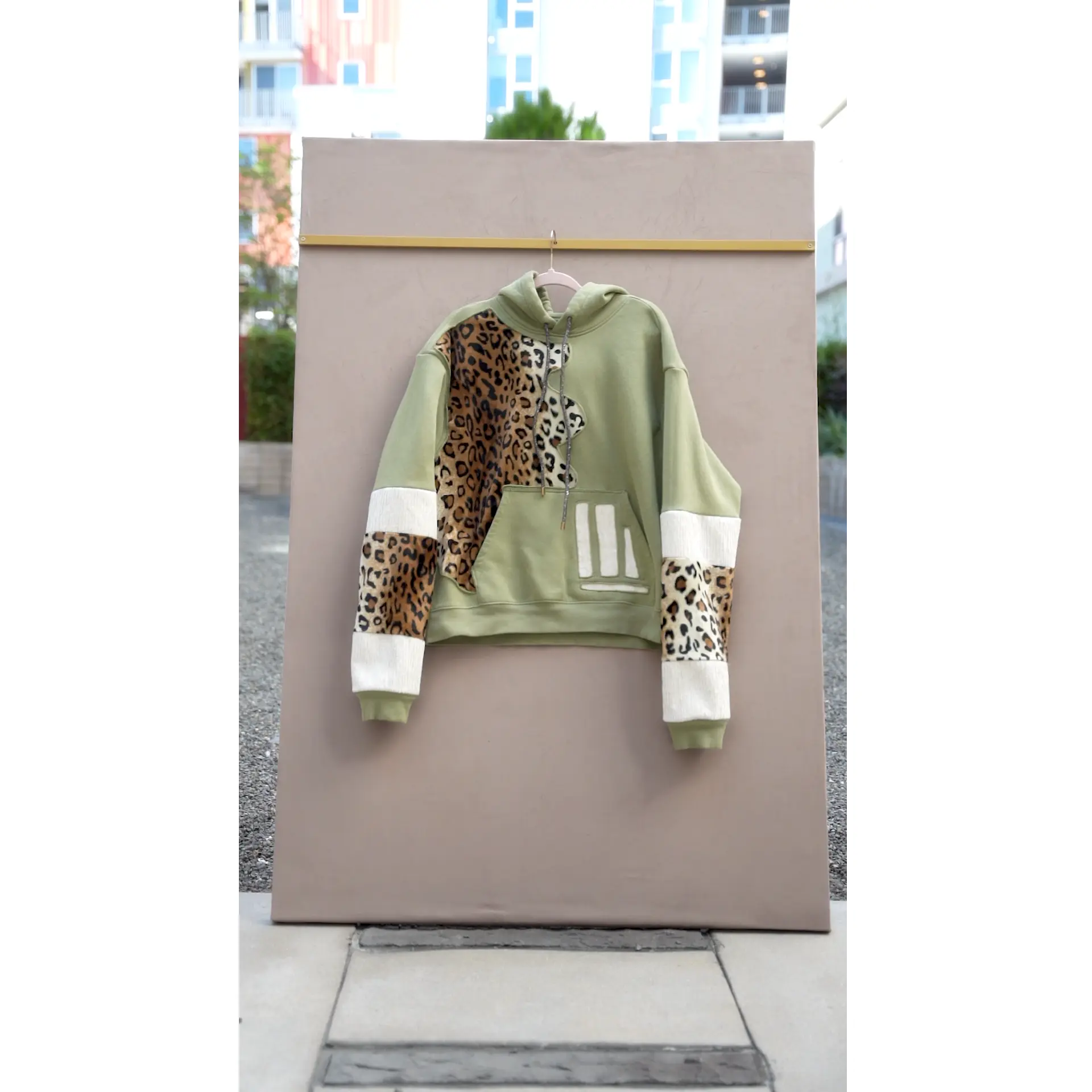 Leopard Luxe Pastel Green Custom Hoodie with Rhinestone Cords