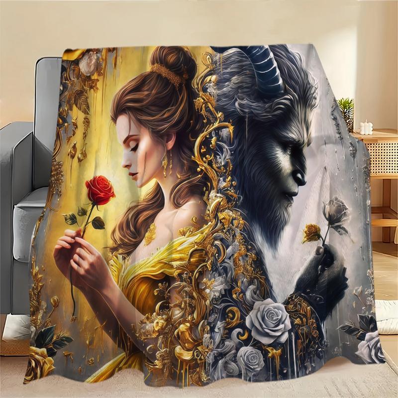 Beauty and Beast Flannel Blanket, Romantic Couple Design, Warm Cozy Throw, Creative Digital Print, Holiday Gift, Multi-Purpose