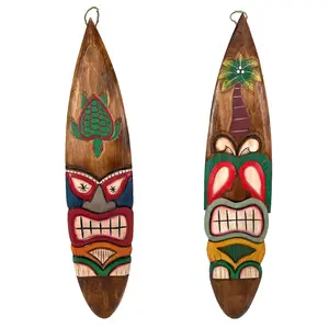 Set of 2 Wooden Tiki Surfboard Wall Decor, 39" Hand-Carved Surfboards with Sea Turtle and Palm Tree Designs, Hand-Painted Tropical Wall Art, Coastal Beach House Accent, Rustic Bar or Patio Hanging