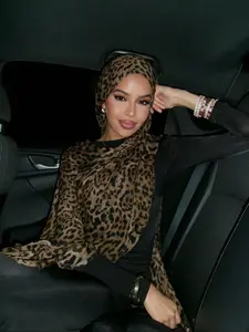 Women's Fashion Bohemian Leopard, Navy Blue and Marble Print Veil Hijab, Casual Streetwear Hijab for Daily Wear, Autumn Headscarf for Muslim Women