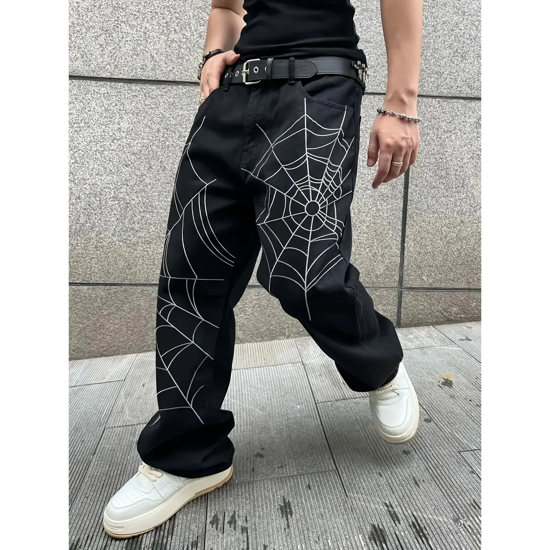 Men's Y2K Baggy Jeans with White Spider Web Embroidery, Gothic Streetwear Wide Leg Denim Pants, Vintage Hip Hop Skateboard Trousers with Drop Crotch, Harajuku Emo Aesthetic Casual Loose Fit Jeans for Men, Black