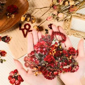 56pcs Romantic Red Rose Transparent PET Material Graffiti Stickers, Suitable for Luggage, Phone Cases, Laptops, Helmets, Skateboards, Waterproof Decoration, DIY Creative Stickers