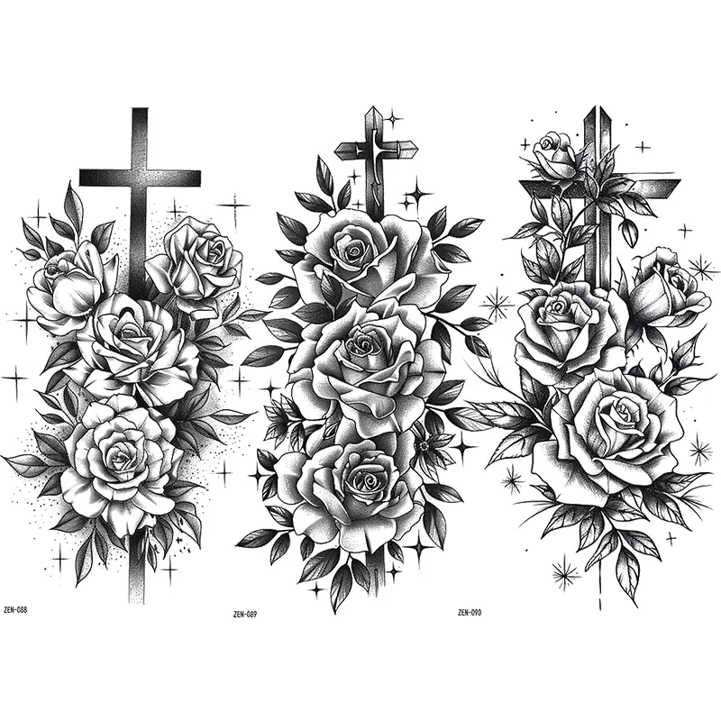 Waterproof Realistic Rose & Cross Temporary Tattoo Stickers, Perfect for Women's Arms & Legs Body Art, Fake Flower Tattoos