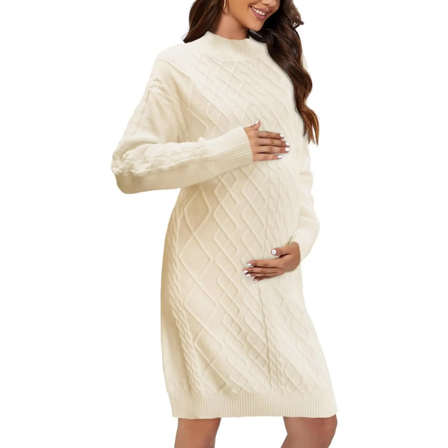 FMEYOA Womens Maternity Sweater Dress Cable Knit Sexy Bodycon Crew Neck Long Sleeve Fall Mini Sweaters Dresses