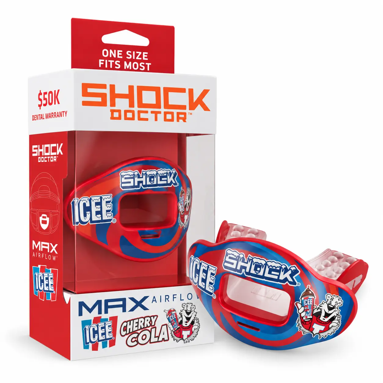 Shock Doctor ICEE Cherry Cola Max AirFlow Football Mouthguard - - Enhanced Airflow & Comfortable Fit for Athletes - 10% More Flow Capacity - Proprietary Polymers & Integral Bite Pads