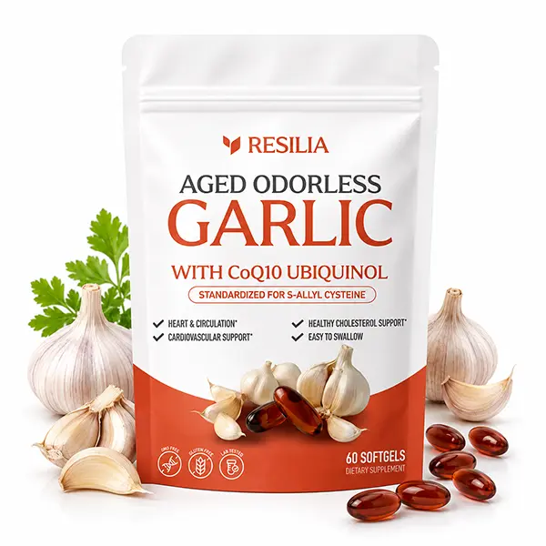 Odorless Aged Garlic Extract 600mg Softgels with CoQ10 (Ubiquinol) & Vitamin K2 (MK-7), 20-Month Aged Garlic Formula for Heart & Circulation Support, 60 Softgels