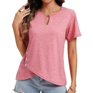 Lady's 2026 Short-Sleeve T-Shirt, Crew Neck Summer Casual Basic Trendy Cutout Tee with Button Asymmetric Hem, Tshirt