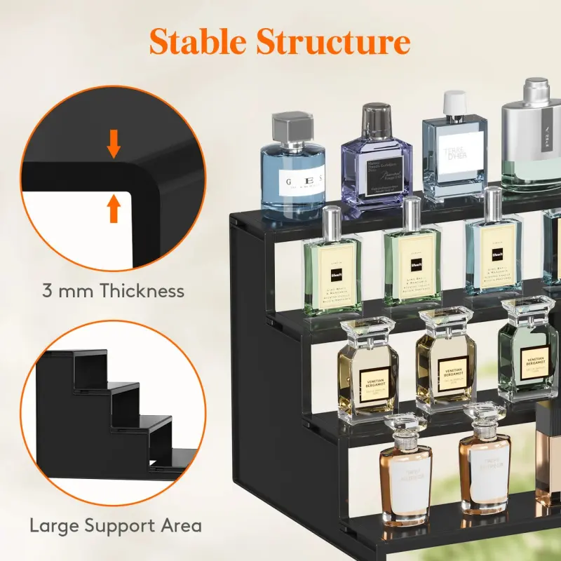 Three-layer black acrylic display rack, with shelf, heavy-duty texture, light insertion, desktop storage rack, Organiser, space-saving, cosmetic figure universal display rack