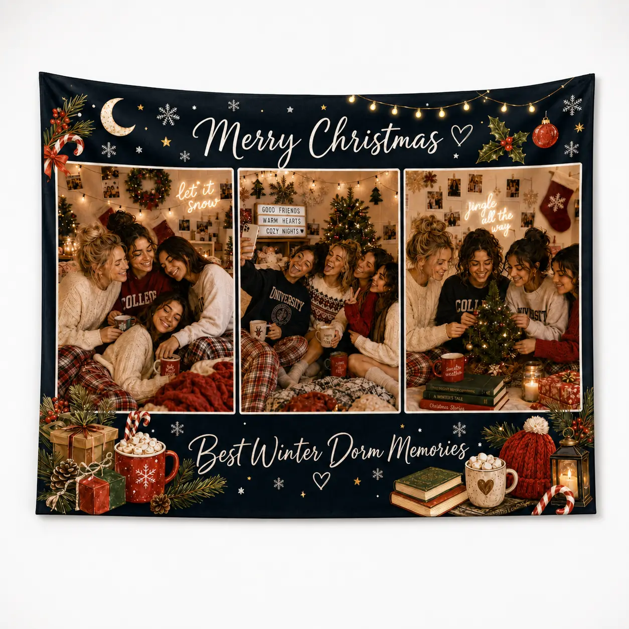 Custom Christmas Photo Tapestry, Personalized Family Photo Backdrop Wall Hanging, Holiday Memories Banner with Santa, Snowflakes, Gifts & Pet Photo Options for Living Room Bedroom Party Decor