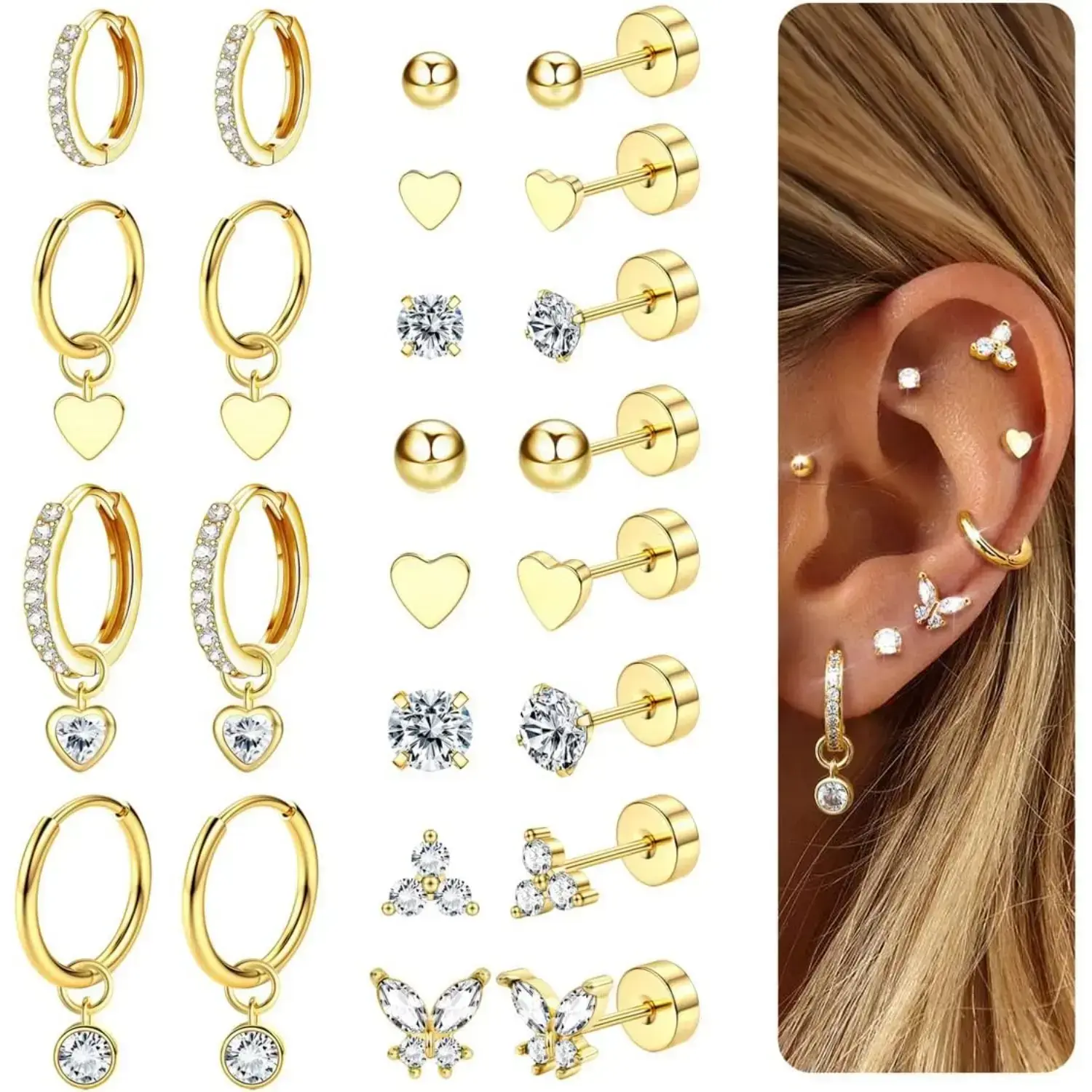 Ladies' earrings, 316L stainless steel flat back earrings, gold and silver ring stud earrings, hypoallergenic, suitable for multiple punctures Ladies' earrings, 316L stainless steel flat back earrings, gold and silver ring stud earrings, hypoallergenic, suitable for multiple punctures