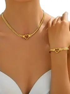 Love Forever Titanium Steel Necklace Bracelet Set, Hollow Heart Design, Wide Flat Chain, Unisex Jewelry, Perfect Gift for All Seasons