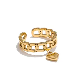 Chateau Charm 18K Gold Plated Adjustable Ring with Heart Charm Fashion Jewelry Accessory