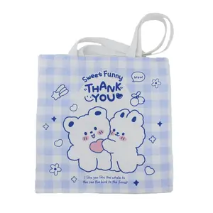 Kawaii Bear & Bunny Canvas Tote Bag – 14" x 14" Durable Shoulder Bag for Women with Cute Cartoon Design – Functional & Aesthetic
