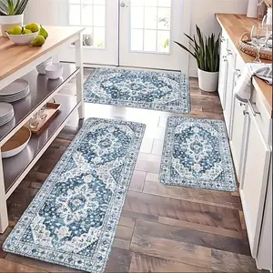 3pc Extra Large Non-Slip Kitchen Mat - Floor Mat with Blue & White Bohemian Design, Machine Washable Mat for Living Room, Bathroom, Kitchen, Kitchen Floor Mat, Bathroom Mat, Decorative Mat, Home Decorators