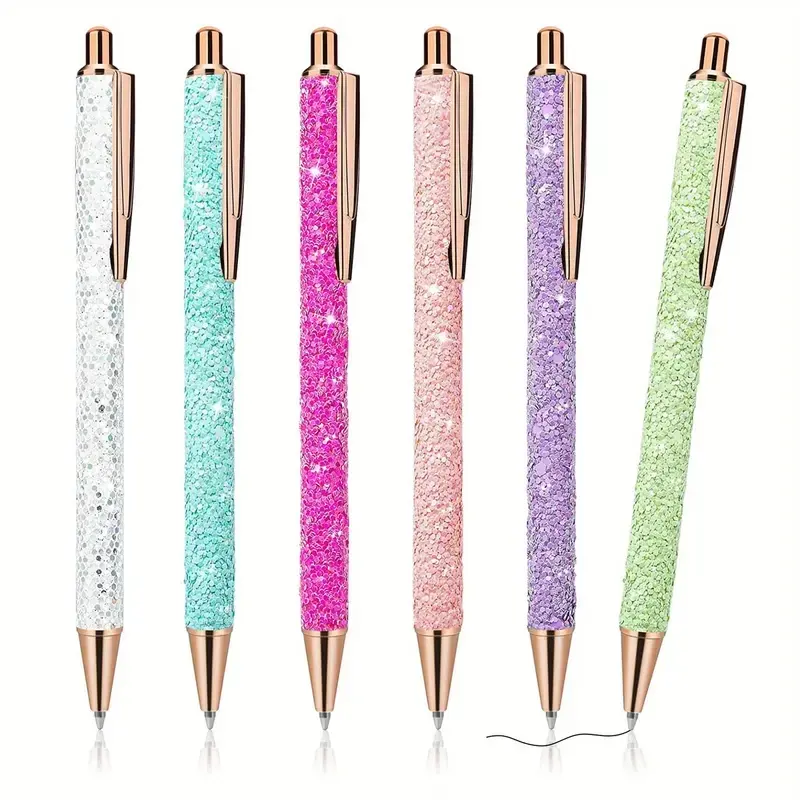 6pcs Bling Sparkly Metal Pens, Retractable Ballpoint Pens, Cute Glitter 1.0mm Fine Point, Gift Pens for Writing & Journaling, Metallic Sparkle Pen, Aesthetic Pens