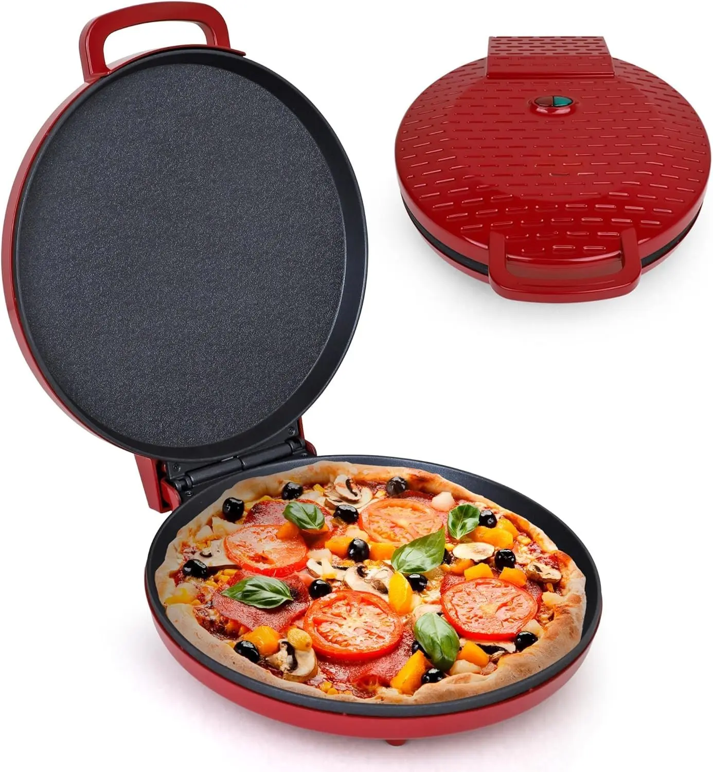 Pizza Maker 12 inch Pizzas Machine, Newly improved Cool-touch Handle Non-Stick plates Pizza oven & CalzoneMaker, Electric Countertop Oven for  or School, 12 Indoor Grill/Griddle, Red