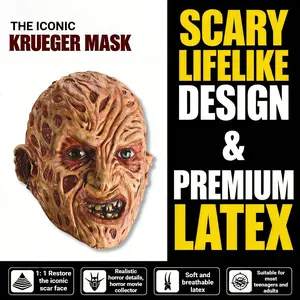 A Nightmare on Elm Street Freddy Krueger Cosplay Latex Mask,  1:1 Movie Accurate Burned Texture,Breathable Durable Latex, Perfect for Horror Movie Fans Collectors, Halloween Cosplay Themed Party Costume Accessory for Adults Teens pumpkin ghost