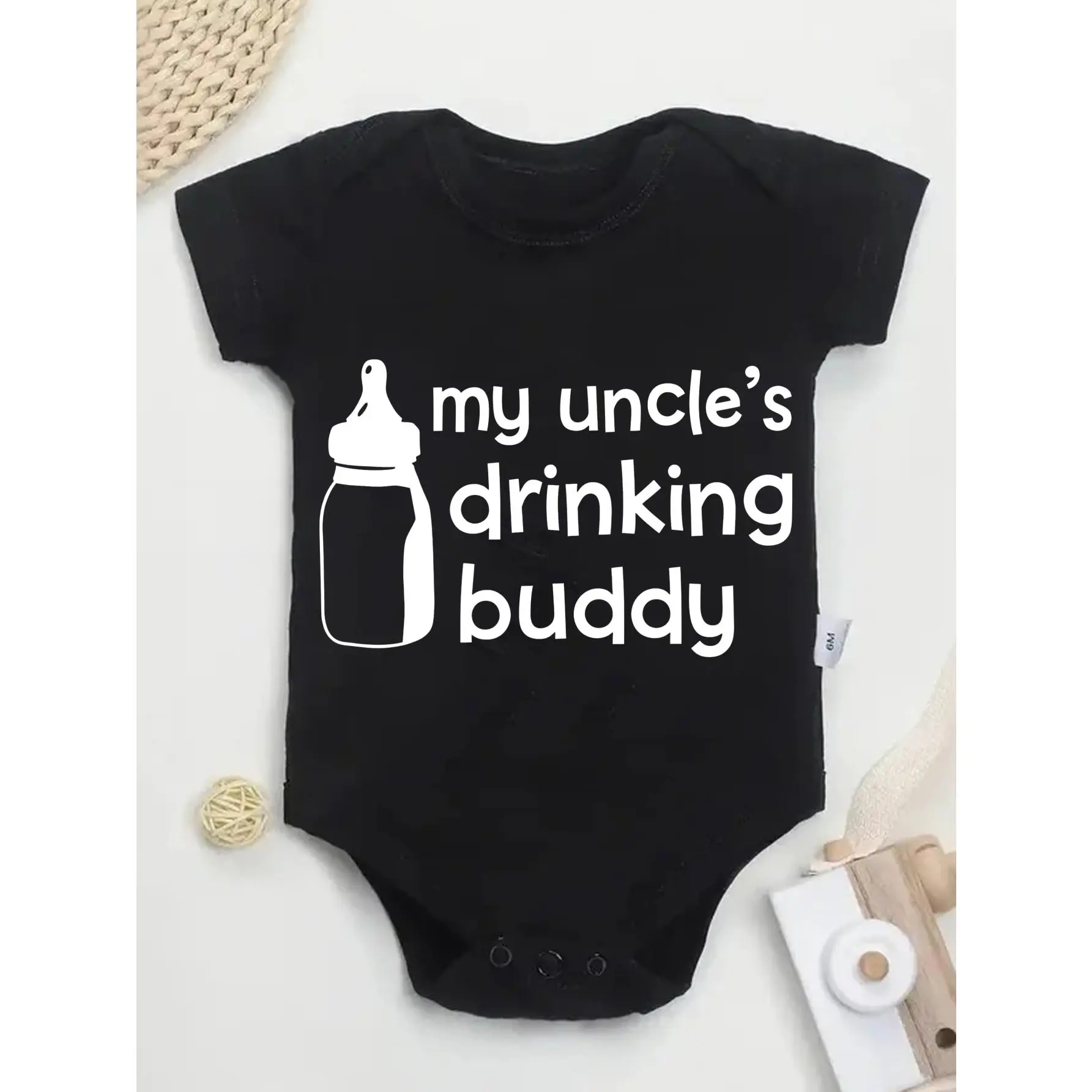 Baby Bodysuit My Uncles Drinking Buddy Bottle Graphic Print Unisex Infant Onesie Button Detail Regular Fit All Seasons Knitted Fabric Onesie For 0-12 Months