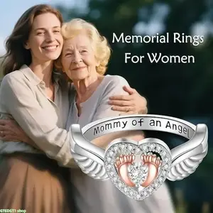 Baby Footprint Memorial Ring, Winged Heart Shaped Jewelry Engraved Mommy of an Angel, Sparkling Crystal Accent Sympathy Ring, Comforting Keepsake for Mothers, Ideal for Daily Wear, Remembrance Ceremonies and Meaningful Gifting