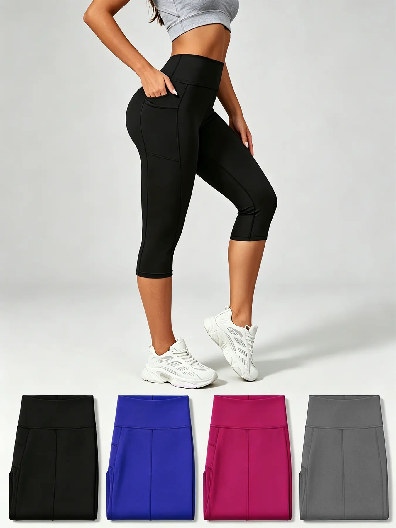 Women's Capri Pants, High Waisted Colorful Cropped Pants (Black, Grey, Red, Blue), Tummy Control Firm Fit, Breathable