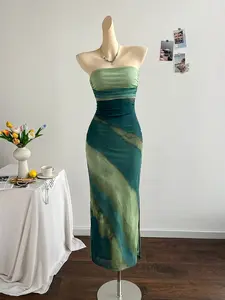 Spring Summer Tie Dye Tube Dress Slit Hem Sleeveless Bodycon Long Dresses