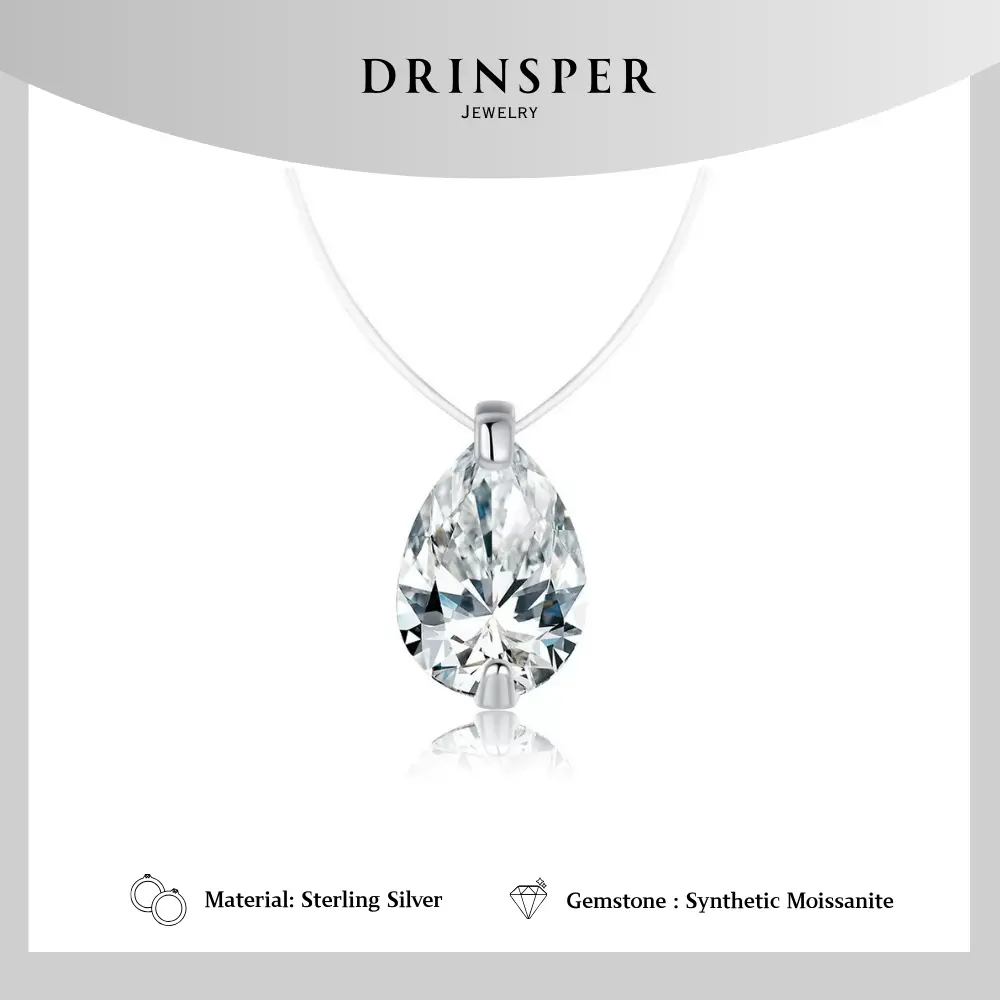 Drinsper S925 Sterling Silver Dainty Choker, Transparent Fishing Line Water Drop Synthetic Moissanite Chain Necklace Pendant Jewelry for Women, Invisible Mermaid Tear Daily Wear Gift for Girlfriend, Chain Necklaces