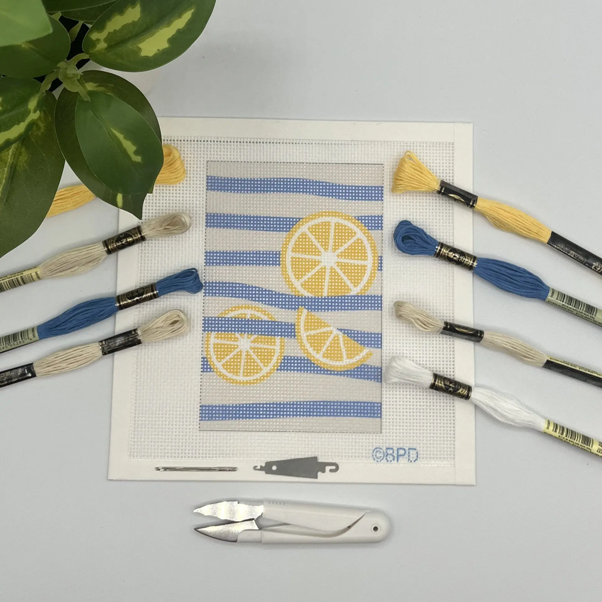 Three Lemons on Blue Stripes Needlepoint Design