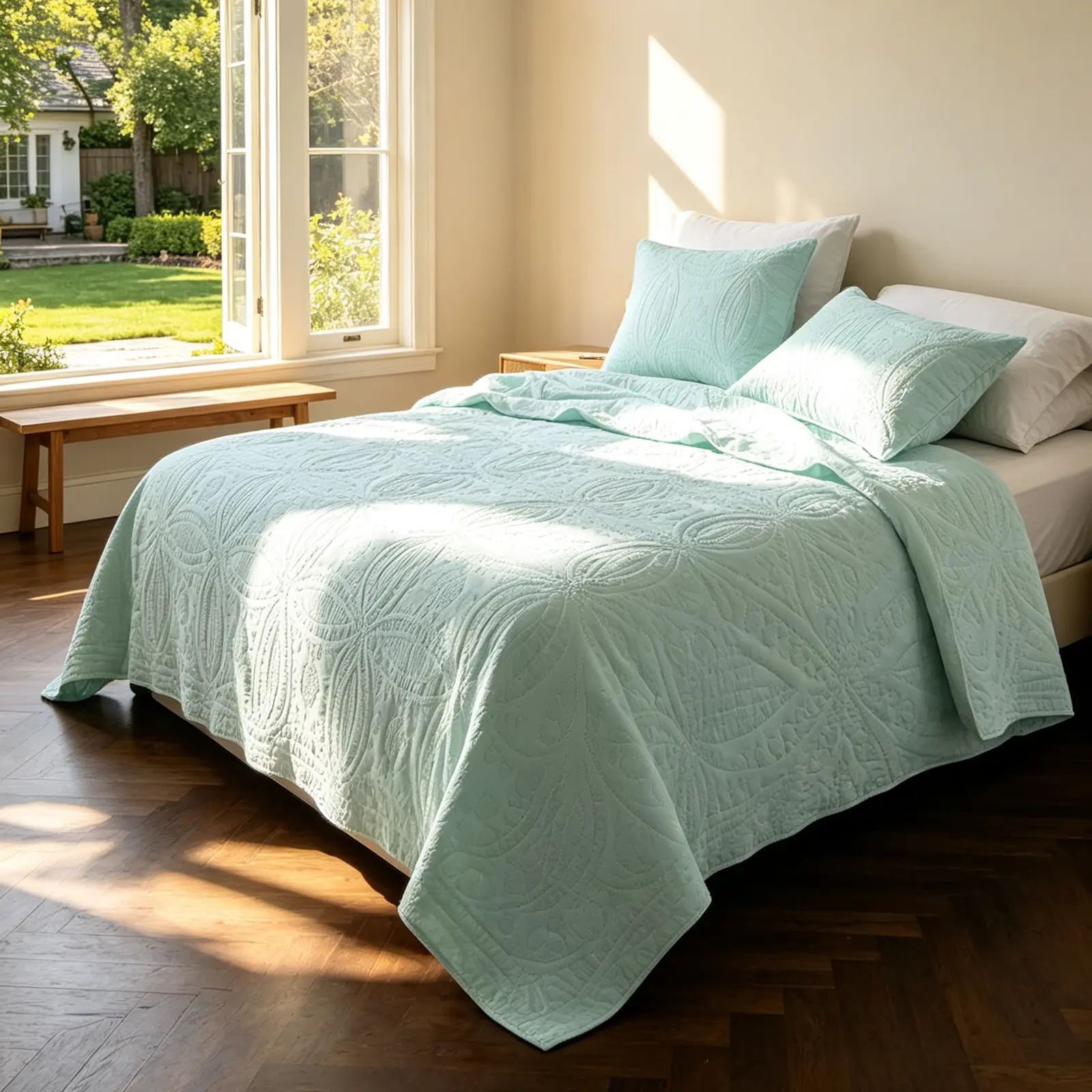 【Back to School】Queen Size 3-Piece Comforter Bed Set - Light Blue Seamless Press Minimalist Quilt, Durable Coin Pattern Ultrasonic Lightweight Soft Coverlet, All-Season Machine Washable Bedding