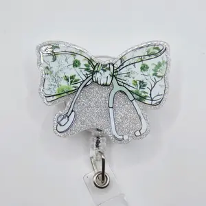Green Floral Coquette Bow with Stethoscope for Nurses Glitter Acrylic Retractable Badge ID Reel Belt or Alligator Clip hospital worker