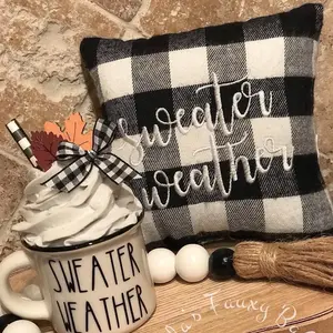 2 piece Gift Set Fall Sweater Weather Ceramic Mini Mug Faux Hot Chocolate with Sweater Weather Pillow / Hot Cocoa / Tier Tray Decor  Autumn