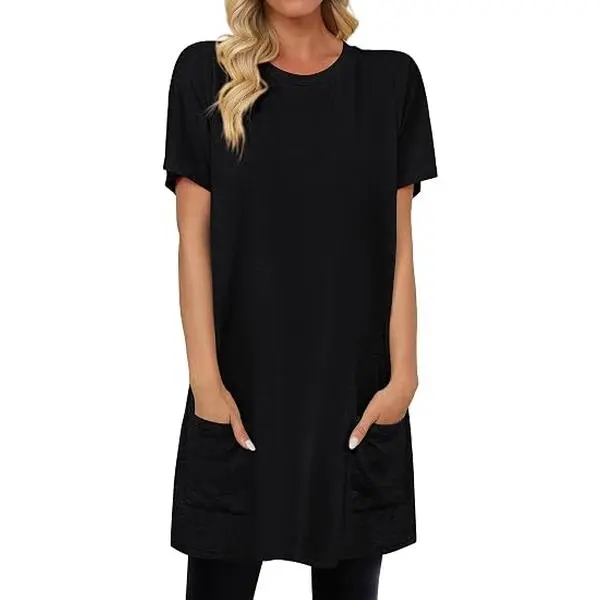 Angerella Women's Basic Short-Sleeve Spandex Summer Tunic Tops for Leggings, Casual Long Shirts with Pockets, Shortsleeve