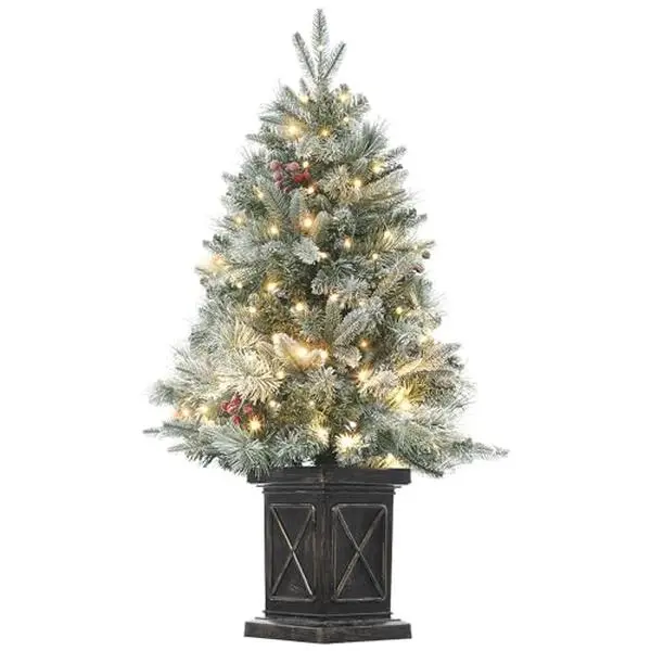 GARVEE 3ft Pre-Lit Artificial Christmas Tree Set with Vintage Potted Base, Flocked Snow, 70-78 Warm White LED Lights, Red Berries, Ideal for Home and Office Holiday Decor, Tabletop or Entrance Display