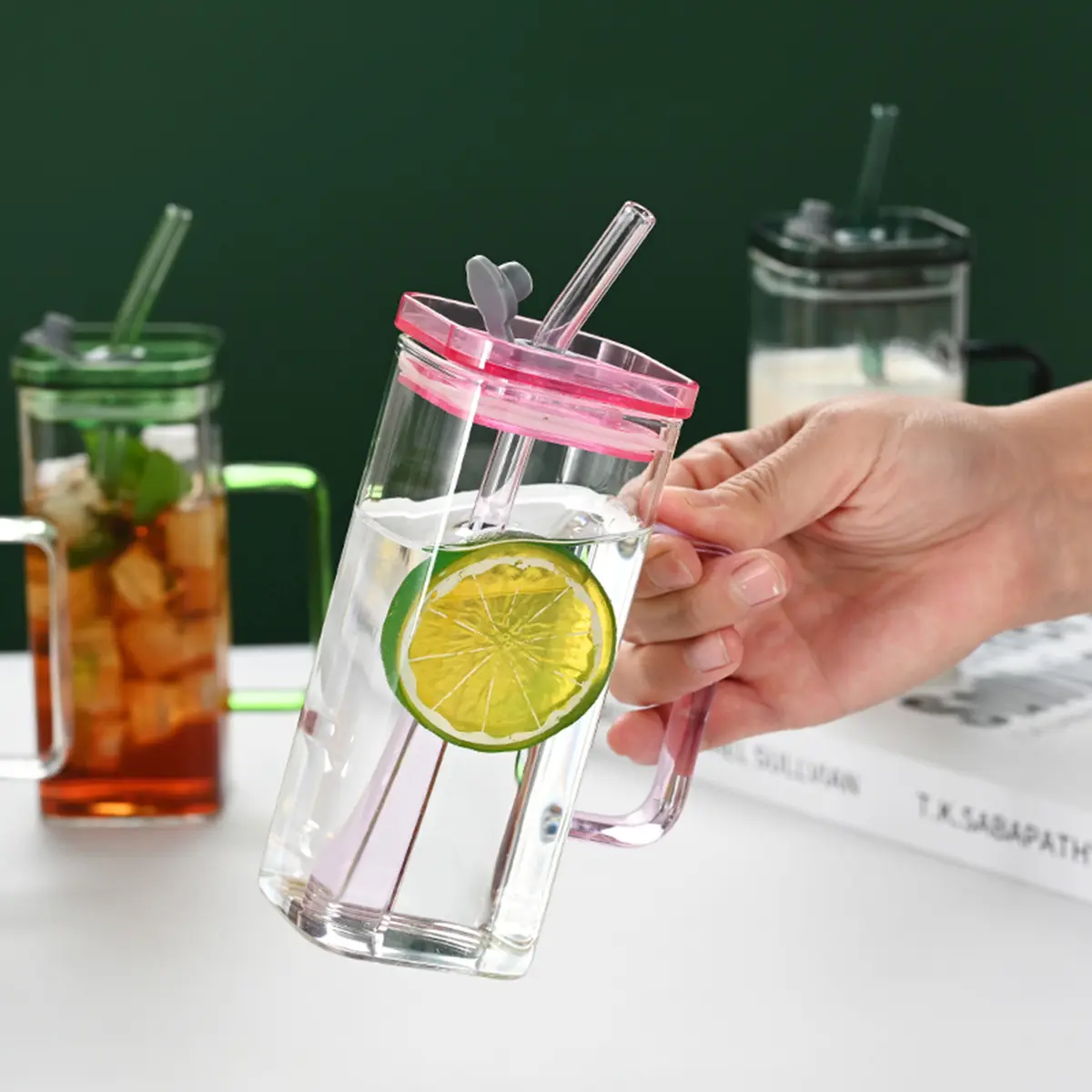 Stylish 13.8oz Glass Tumbler Cup - Reusable,Washable Colored Square Drinkware withCoffee, Ideal for Family, Tumbler Glasses, Straw & Plastic Lid, Multipurpose for Water & Glass Tumbler Glasses