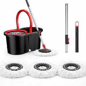 new Stainless steel rotating mop set, including 3 replacement mop heads and an extendable handle, for convenient cleaning, featuring a rotating design. Black and red two-tone mop bucket set. Rotating mop bucket set. commercial mop
