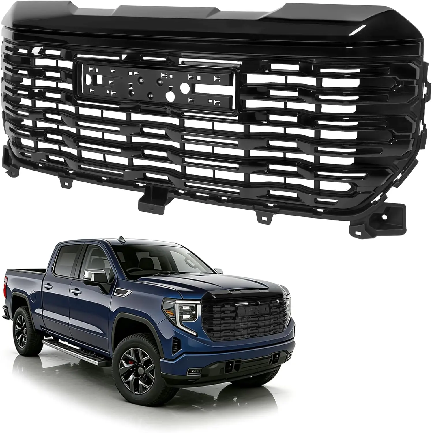 Front Grill Compatible with 2022-2024 GMC Sierra 1500 Denali Front Bumper Grille Plastic(ABS) Painted Gloss Black Vehicle Truck
