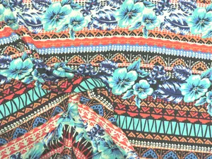 Challis Rayon Apparel Fabric Tropical Floral Aztec Aqua Blue Red White F406